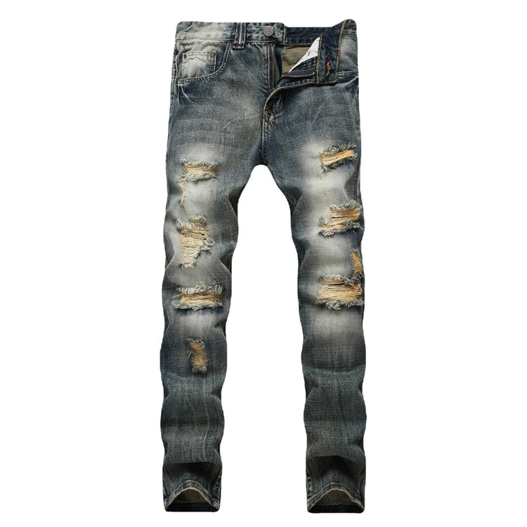 Casual Men's Light Blue Denim Jeans Ripped Straight Leg Slim Fit Non-Elastic Torn Casual Style Chinese Production PlatiNum