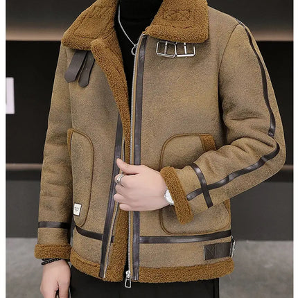 High-quality Faux Fur Leather Jackets Men Splicing Pockets Trend Casual Motorcycle Bike Jacket Winter Thick Warm Coat Streetwear