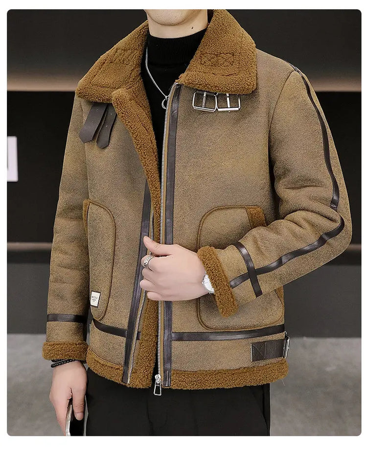 High-quality Faux Fur Leather Jackets Men Splicing Pockets Trend Casual Motorcycle Bike Jacket Winter Thick Warm Coat Streetwear