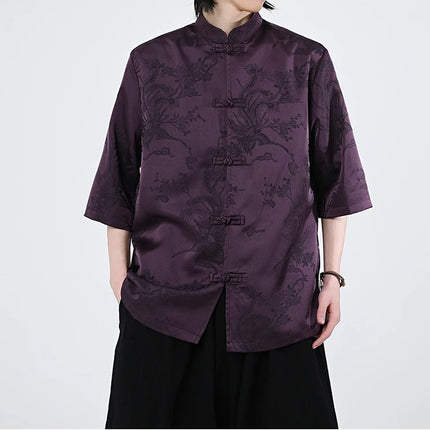 Camicie cinesi Camicia retrò in seta di ghiaccio con motivo floreale scuro Tradizionale Kung Fu Tai Chi Casual Loose Fit Top da uomo traspirante estivo