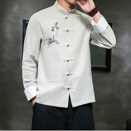 Camicie con ricamo gru Abbigliamento tradizionale cinese vintage Mezza manica da uomo in lino Solido colletto Madarin Cardigan Hanfu Kungfu
