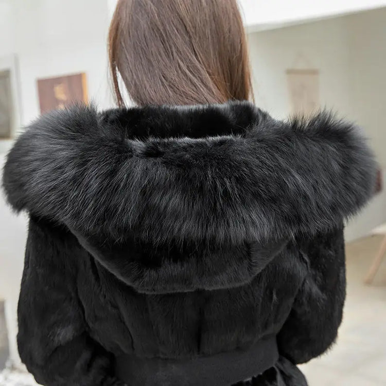 2025 Winter Coat Women Real Fur Fox Fur Coat Ladies Natural Rabbit Fur Jacket Long Hooded Fur Overcoat Wholesale Pockets Tops