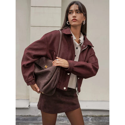 Brown Suede Leather Short Coats Women Solid Stand Collar Zipper Waist Belted Cropped Jackets 2026 Lady Autumn Y2k Casual Outwear