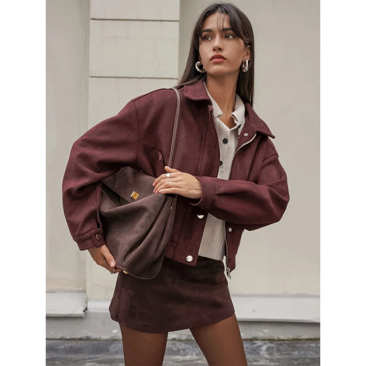 Brown Suede Leather Short Coats Women Solid Stand Collar Zipper Waist Belted Cropped Jackets 2026 Lady Autumn Y2k Casual Outwear