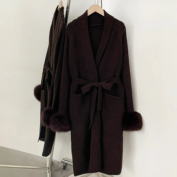 OFTBUY New Winter Long Belted Clothes Outerwear Women Knit Cardigan Real Fox Fur Cuffs Shawl Collar Wrap Knitted Coat Female