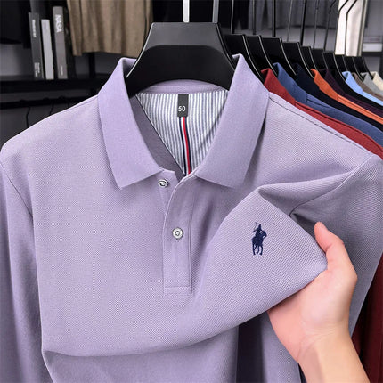 High-end branded long-sleeved polo shirt, 100% cotton, new business men's leisure lapel t-shirt, luxury comfort with Paul pony embroidery
