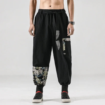 Pantaloni da uomo Costume da samurai giapponese Ukiyo-e Cintura con stampa Pantaloni stile harem da uomo in cotone e lino Pantaloni casual Harajuku da uomo Taglie forti 5XL
