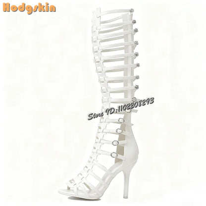 Retro Buckle Strap Roman Sandals Open Toe Back Zip Stiletto Knee-high Summer Boots 2026 New Fashion High Heeled Women Shoes