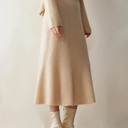 Autumn Winter Women New 100% Cashmere Fishtail Skirt  Mid Length Slimming High Waisted Knitted Umbrella Skirt Elegant Dress PlatiNum