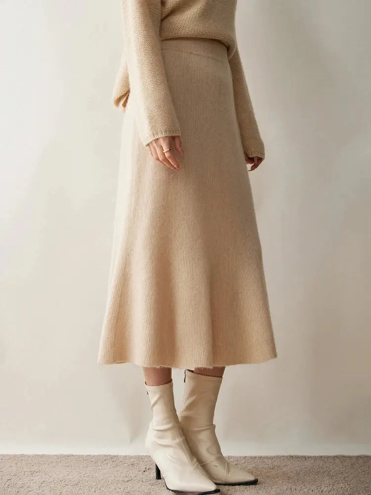 Autumn Winter Women New 100% Cashmere Fishtail Skirt  Mid Length Slimming High Waisted Knitted Umbrella Skirt Elegant Dress PlatiNum