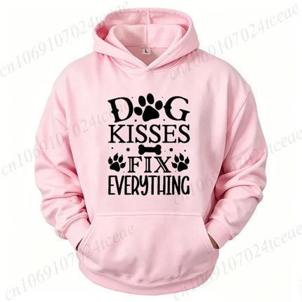 Dog Lover Hoodies Funny Quote "Dog Kisses Fix Everything" Pet Paw Print Graphic Sweatshirts Long Sleeve Hoody Autumn Hoodie Gift