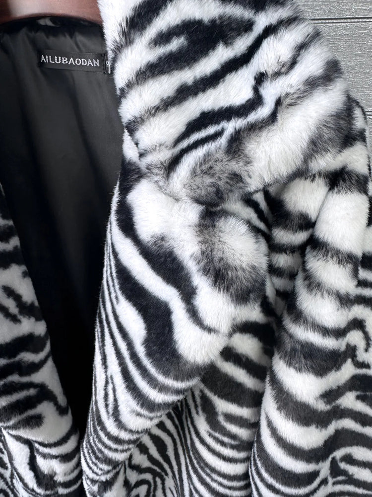 ZADORIN Elegant 130cm Long Furry Faux Rabbit Fur Coat Woman Y2K Clothes Leopard Lapel Faux Fur Jacket Woman Winter Fur Faux Coat