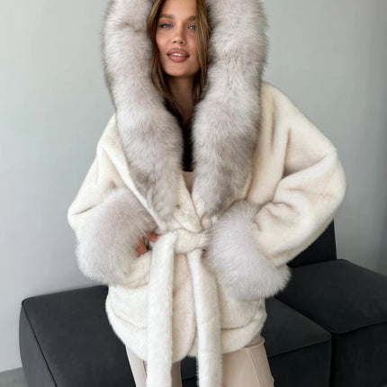 DFDG 2026 Women Hooded Faux Fur Coat Belted Waist Tie Big Fur Trim Collar Long Sleeve Outerwear Warm Luxury Overcoat Winter Fur