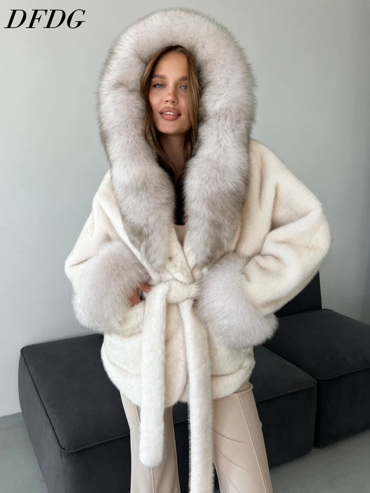 DFDG 2026 Women Hooded Faux Fur Coat Belted Waist Tie Big Fur Trim Collar Long Sleeve Outerwear Warm Luxury Overcoat Winter Fur