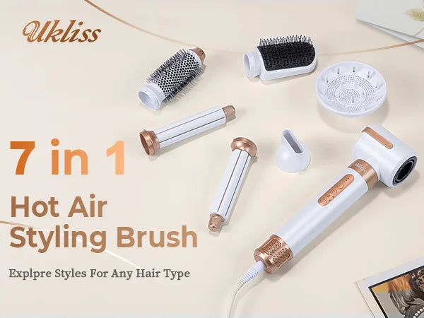 UKLISS 7 in 1 Hair Dryer Brush Set, Air Styler with Curling, Straightening, Volumising Attachments