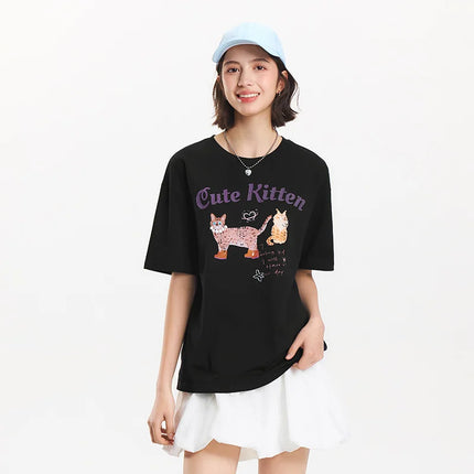T-shirt à manches courtes Semir pour femme, longueur moyenne, joli motif, style rétro, nouvelle collection été 2025, haut ample respirant, style de niche