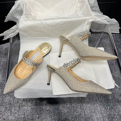 European and American Women Slippers 2025 Summer New Rhinestone High Heels Pointed Temperament Muller Shoes
