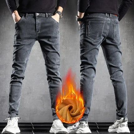 Men's Winter Warm Fleece Lined Jeans Washed Cotton Slightly Stretch Slim Fit Casual Grey Denim Pants Daily Versatile Trousers