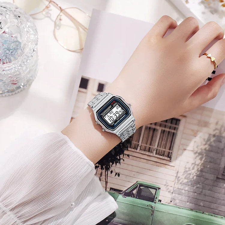 Orologio digitale multifunzione LED da donna retrò unisex F91W Orologio sportivo da polso elettronico da donna in acciaio inossidabile platinumshop
