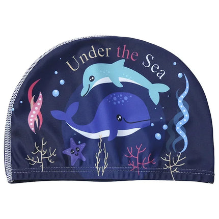 Kids Swim Cap Stretchy Fabric Cute Cartoon Long Hair Adorable Children Protect Ears Pool Hat for Boys and Girls