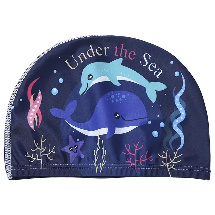 Cuffia da nuoto per bambini Tessuto elastico Simpatico cartone animato per capelli lunghi I bambini adorabili proteggono le orecchie Cappello da piscina per ragazzi e ragazze