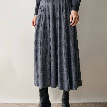 Women Cashmere Skirt A-Line Jacquard Elastic Waist Flared Skirt Autumn Winter 100% Cashmere Knitted Office Lady Curled Hem Dress PlatiNum