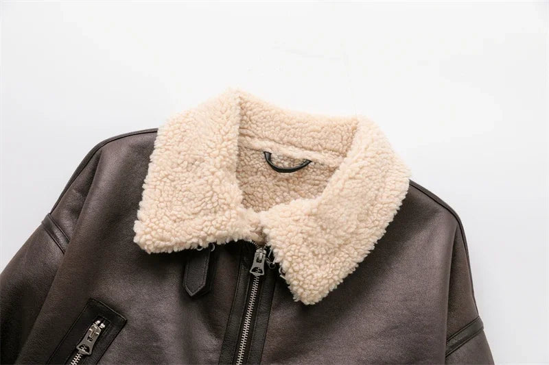 2024 New Woman's Fashion Thick Warm Faux Shearling Jacket Coat Vintage Long Sleeve Belt Hem Female Outerw