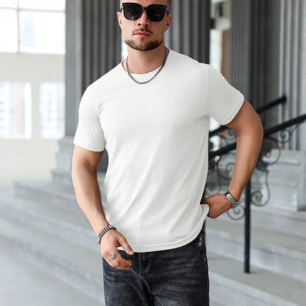 2025 New Men's Casual Short Sleeved Bone Flower Solid Color O-neck T-shirt Fashion Breathable Comfortable Summer Versatile Top PlatiNum