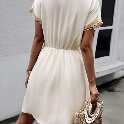 Abito corto longuette da spiaggia femminile con scollo a V in pizzo a maniche corte tinta unita estivo Abiti eleganti da donna in tinta unita bianco dolce platinumshop