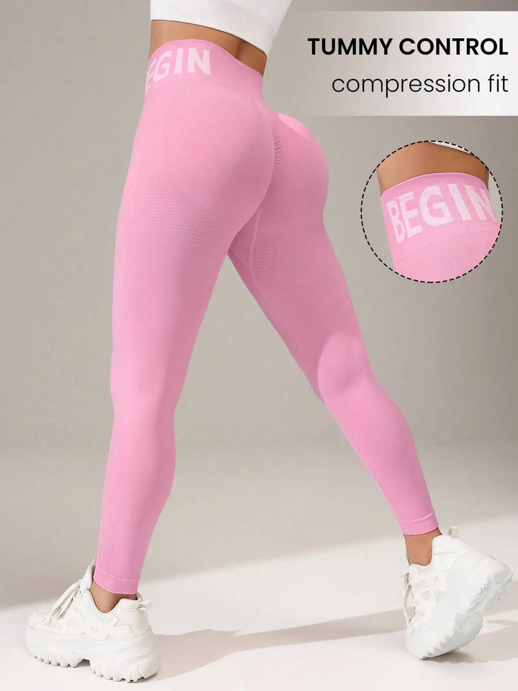 European and American Seamless Yoga Leggings with Waistband Lettering, Butt-Lifting, Quick-Dry Women's Breathable Tights for Pea PlatiNum