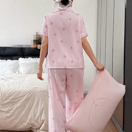 Set Pigiama da Donna con Stampa a Righe e Fiocco, Completo Estivo con Maglietta a Maniche Corte e Pantaloni, Comodo Abbigliamento da Notte e Loungewear