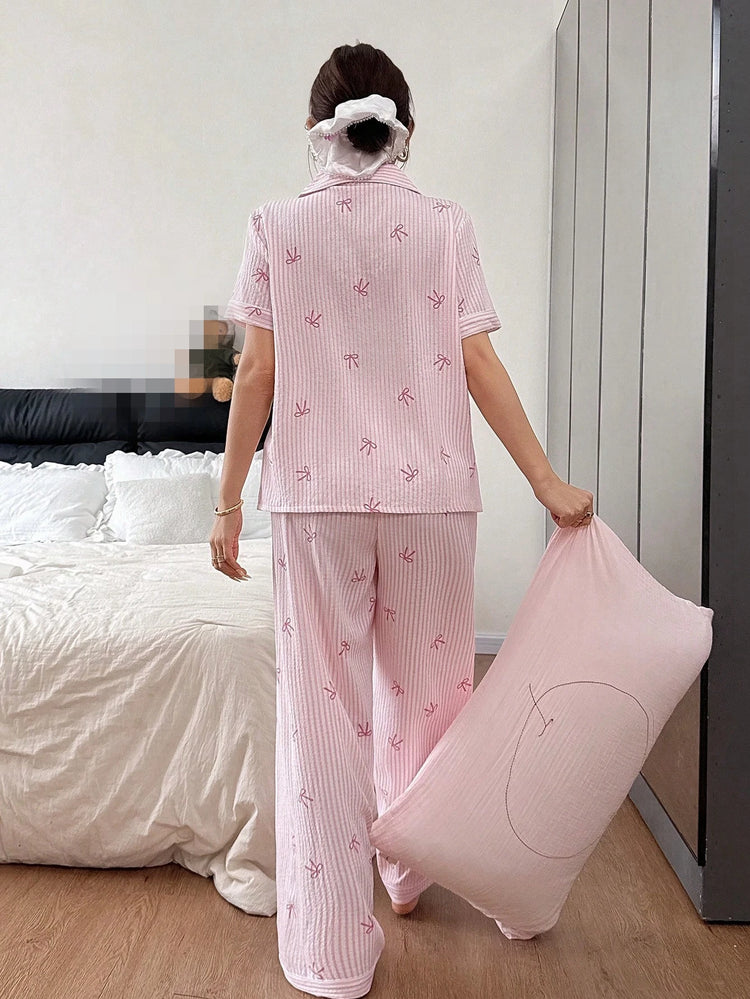 Set Pigiama da Donna con Stampa a Righe e Fiocco, Completo Estivo con Maglietta a Maniche Corte e Pantaloni, Comodo Abbigliamento da Notte e Loungewear