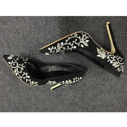 Bling Rhinestone Gold Silver Flower Embroidery Blade Heel Pumps Metal High Heels Crystal Black Suede Pointed Toe Woman Shoes
