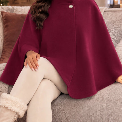 Women's Autumn and Winter Solid Color Elegant Cape with Gold Buttons and Belt Design