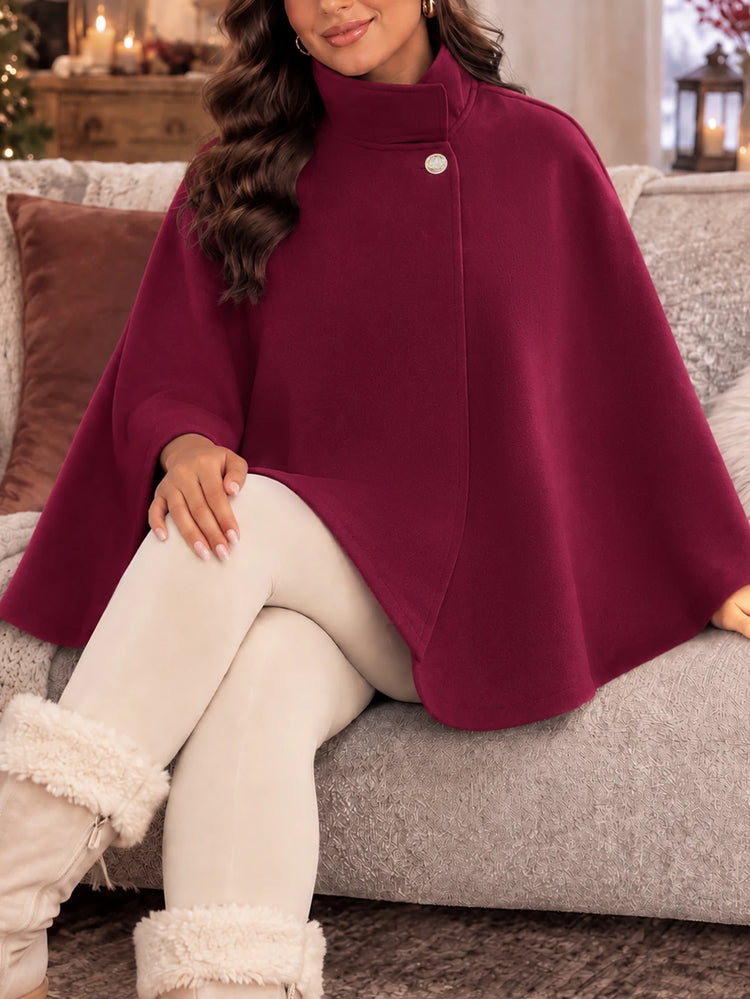 Women's Autumn and Winter Solid Color Elegant Cape with Gold Buttons and Belt Design