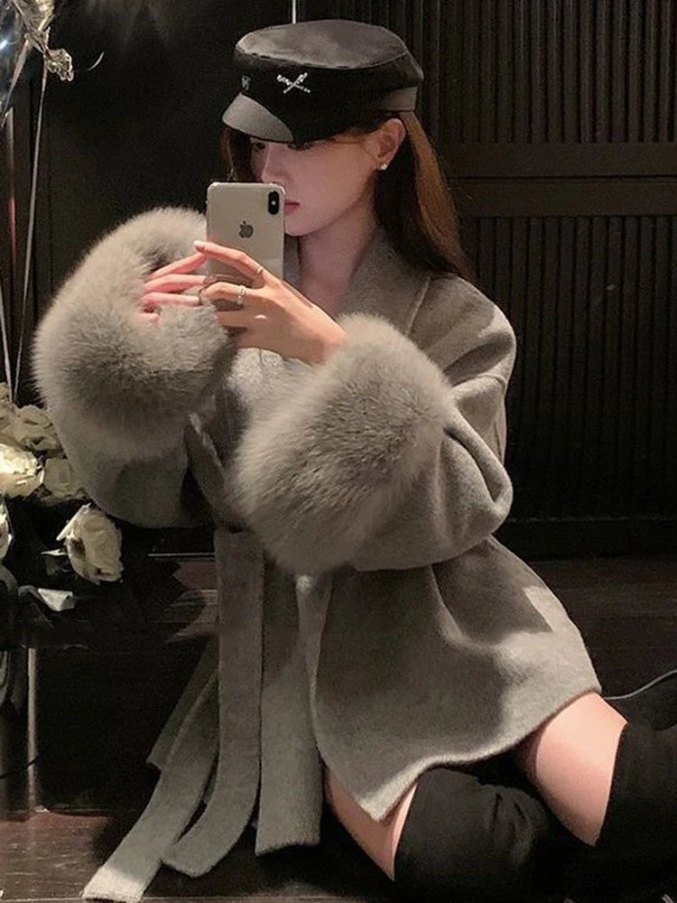 Elegant OL Office Lady Overcoats Fur Patchwork Long Sleeve Woolen Coat Beautiful Women's Clothing Jacket Autumn 2025 Spring
