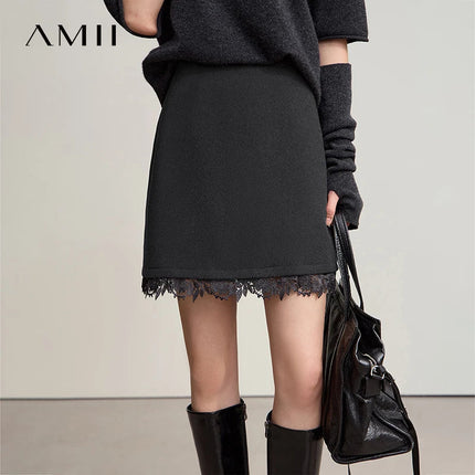 AMII Minimalist Mini Skirt 2025 Winter New Short Wool Warm Skirts For Women Patchwork Lace Casual Solid Clothing Ladies 12544125 PlatiNum