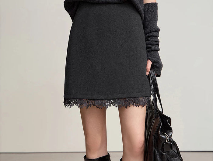 AMII Minimalist Mini Skirt 2025 Winter New Short Wool Warm Skirts For Women Patchwork Lace Casual Solid Clothing Ladies 12544125 PlatiNum