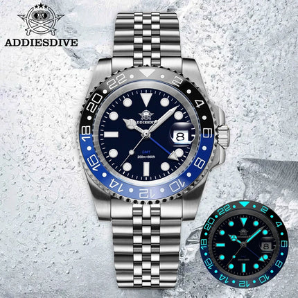 ADDIESDIVE 40mm GMT Watch Men Top Brand Quartz Wristwatch Luxury Ceramic Bezel 20Bar Diving Waterproof Luminous Watch AD2050