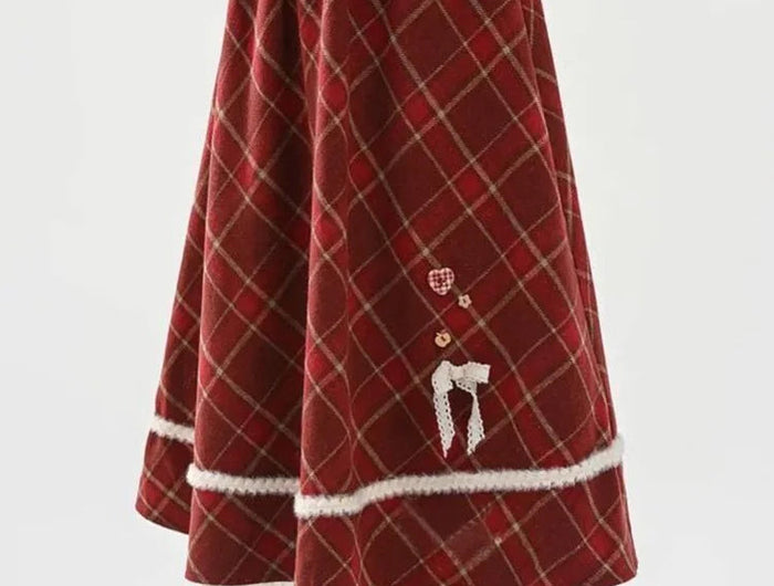 Sweet Red Plaid Long Skirt Women Vintage Faux Woolen Bow Cute Skirts Lace Patchwork High Waist Korean Elegant Warm Long Skirts PlatiNum
