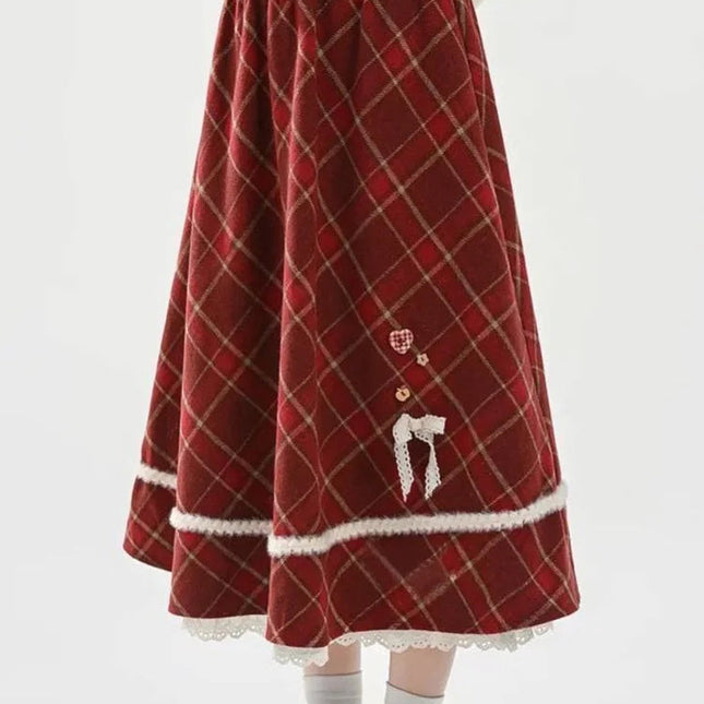 Sweet Red Plaid Long Skirt Women Vintage Faux Woolen Bow Cute Skirts Lace Patchwork High Waist Korean Elegant Warm Long Skirts PlatiNum