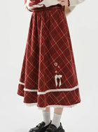Sweet Red Plaid Long Skirt Women Vintage Faux Woolen Bow Cute Skirts Lace Patchwork High Waist Korean Elegant Warm Long Skirts PlatiNum