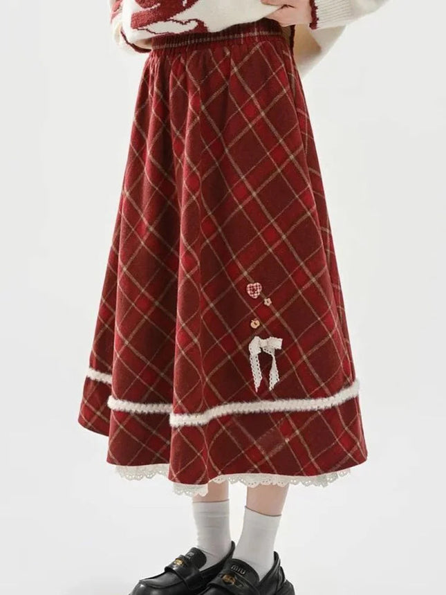 Sweet Red Plaid Long Skirt Women Vintage Faux Woolen Bow Cute Skirts Lace Patchwork High Waist Korean Elegant Warm Long Skirts PlatiNum