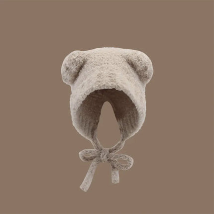 1Pc Women Cute Warm Beanie with Bear Era Earmuffs,Outdoor Travel Cycling Knitt Thick Fluffy Warm Pullover Cap for Autumn/Winter