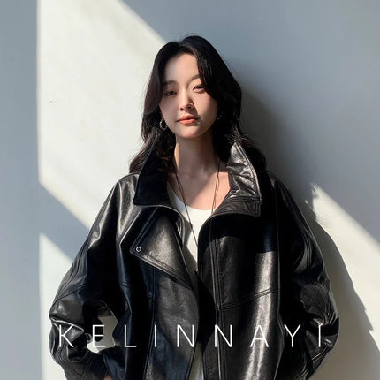 Waxed Sheepskin Genuine Leather Moto Biker Jacket Women Cropped Stand Collar Zip Up Snap Button Loose Casual Autumn Outwear 2026