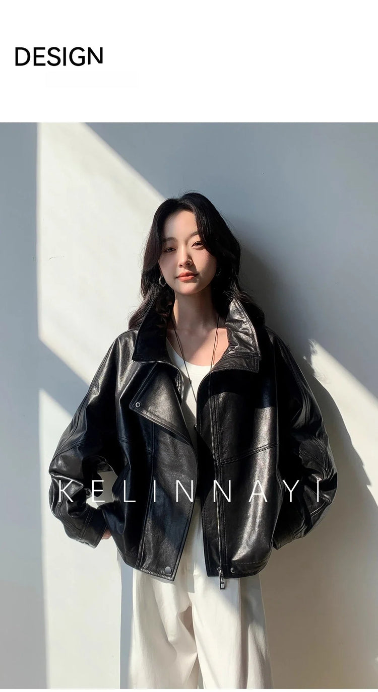 Waxed Sheepskin Genuine Leather Moto Biker Jacket Women Cropped Stand Collar Zip Up Snap Button Loose Casual Autumn Outwear 2026