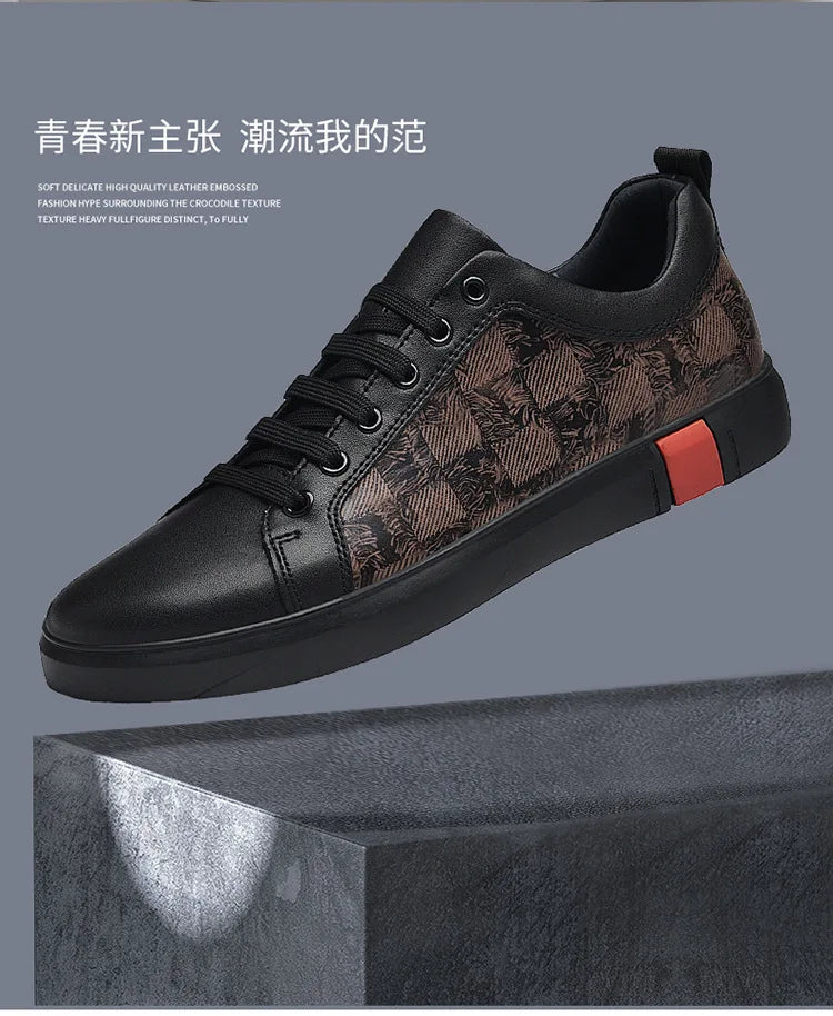 Europe New Shoes for Men Genuine Leather Casual Shoes Cool Black Flat Skateboard Shoes Street Fashion Sneakers