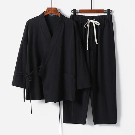2025 Men's Summer Cotton Linen Two Pieces Chinese Style Lace Up Kimono Tops+Pants Casual Suit Male Vintage Hanfu Tang Suit M-9XL PlatiNum
