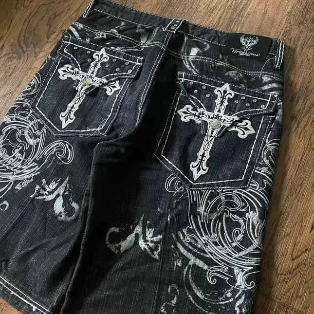 American Vintage Popular New Pattern Embroidery Baggy Denim Shorts Men Street Fashion Gothic Casual Joker Shorts Women Clothing PlatiNum