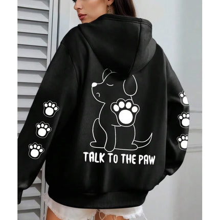Talk To The Paw Funny Dog Cartoon Print Hoodie Women Warm Fleece Hoody Fashion Casual Hooded Autumn Loose Round Neck Woman Tops